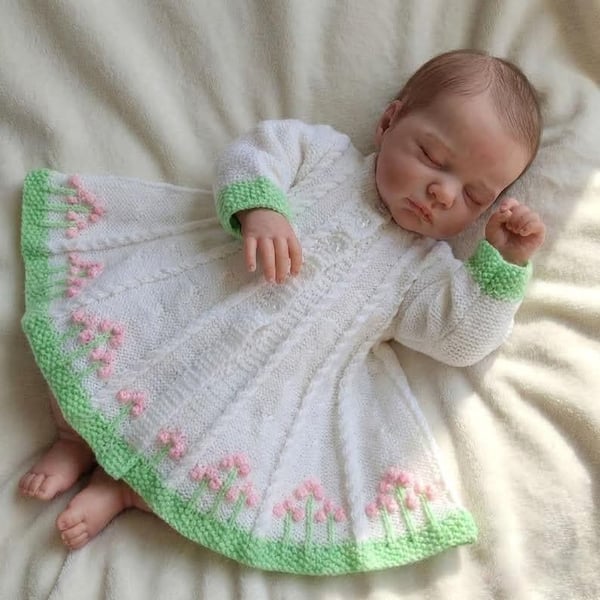 Hand-Knitted Baby Cardigan, White with Pink Flowers & Green Trim, 0–6 Months