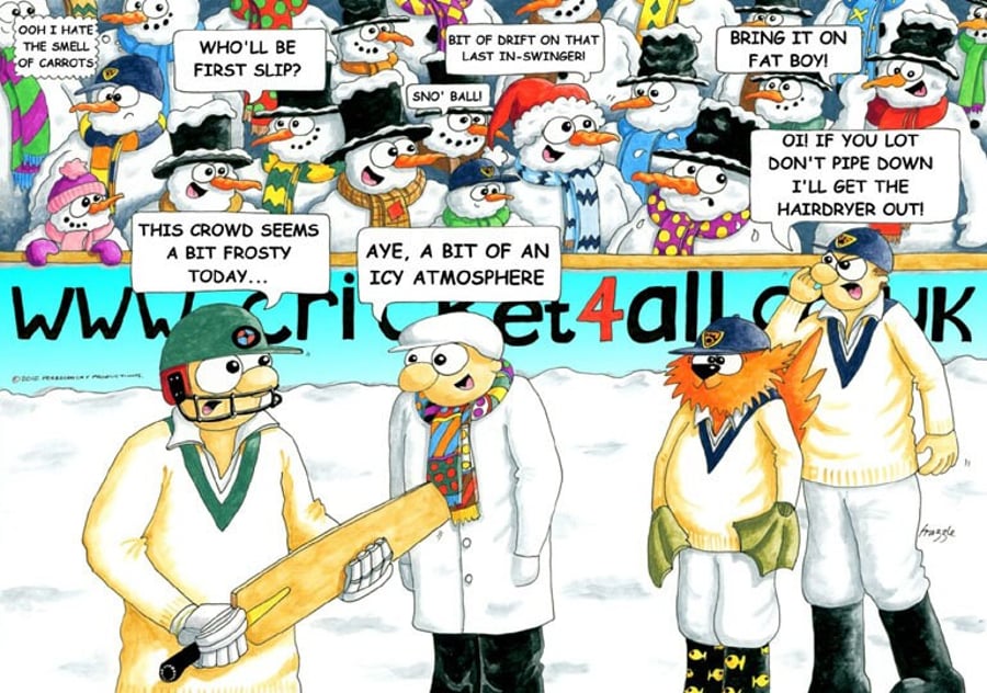 Cricket Christmas card. Frosty Crowd. Funny cartoon card. FREE UK P&P