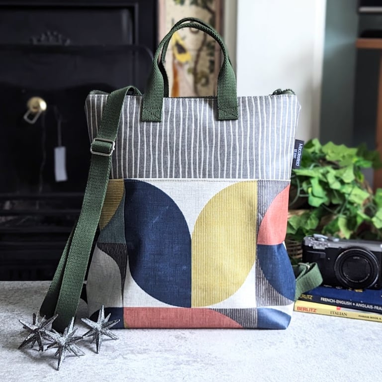 Backpack - Geometric Print Oilcloth Medium Backpack with Olive Green Straps