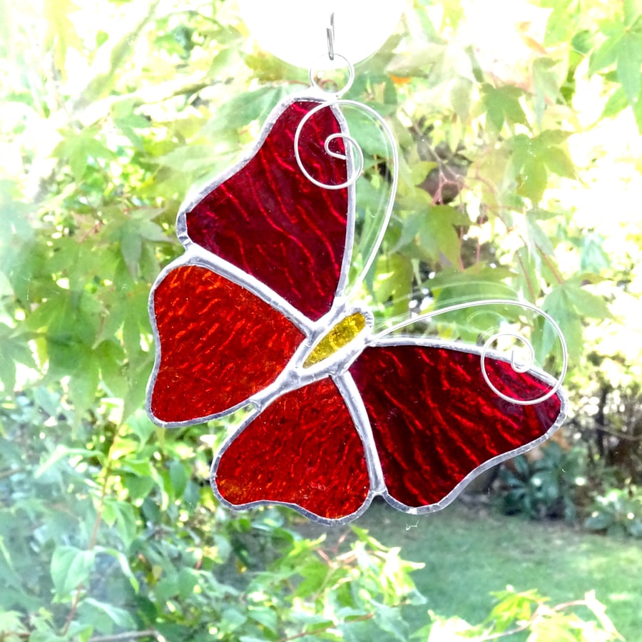 Stained Glass Butterfly Suncatcher - Handmade Decoration - Red and Red Streaky