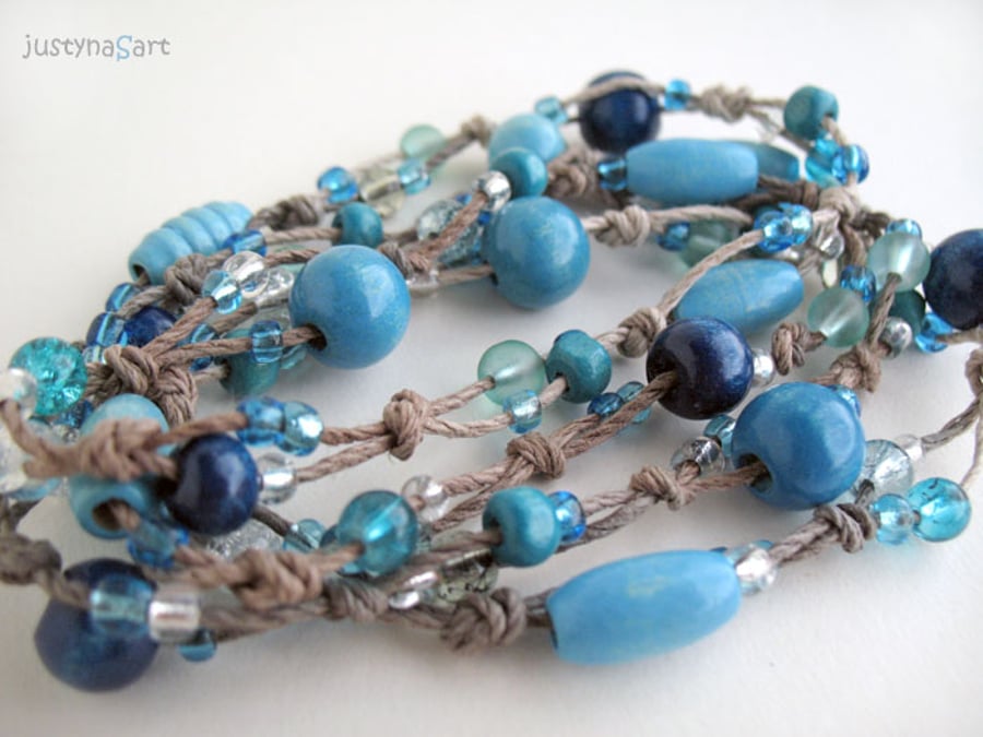 Blue Necklace, Boho Style Long Necklace, Hemp Knotted Necklace
