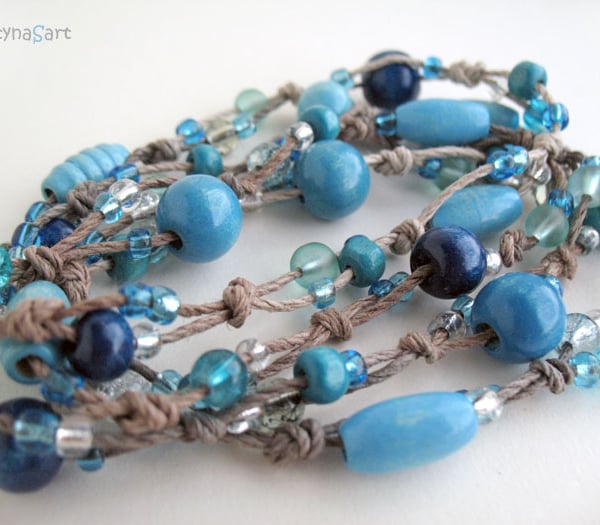 Blue Necklace, Boho Style Long Necklace, Hemp Knotted Necklace
