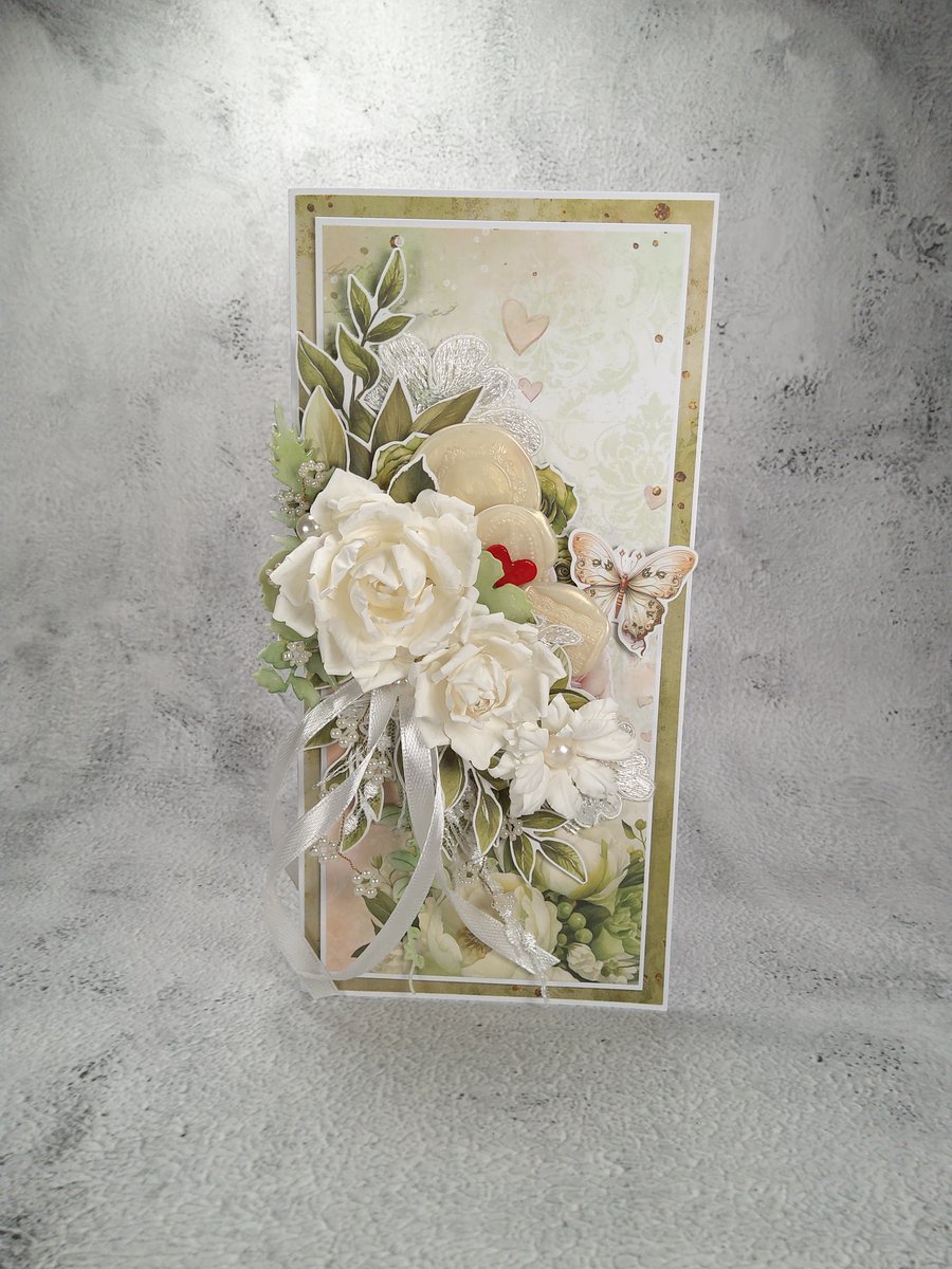 Handmade Wedding Card - Elegant White Floral Design (E)