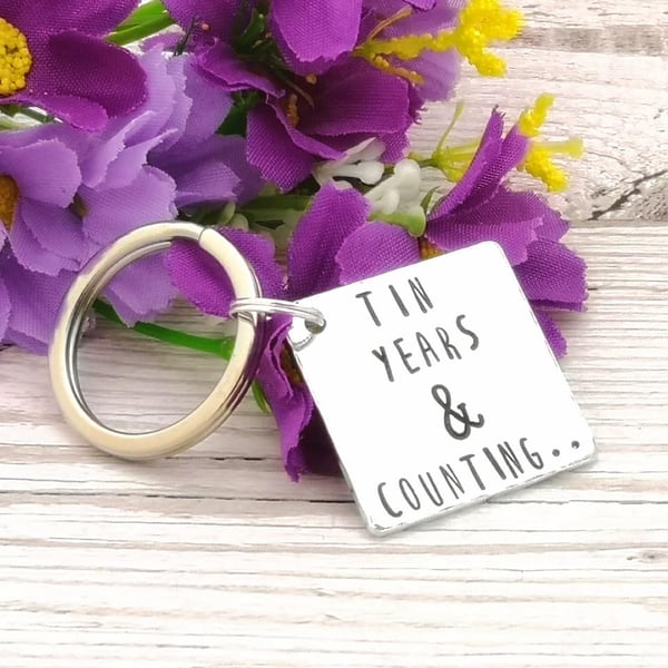 Tin Years & Counting Keyring - 10th Wedding Anniversary Gift For Him - 10 Years 