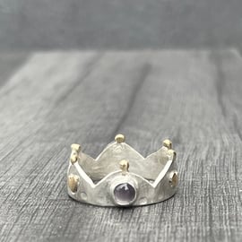 Iolite Crown Ring, silver crown ring, gold hearts ring, queen ring, princess, 