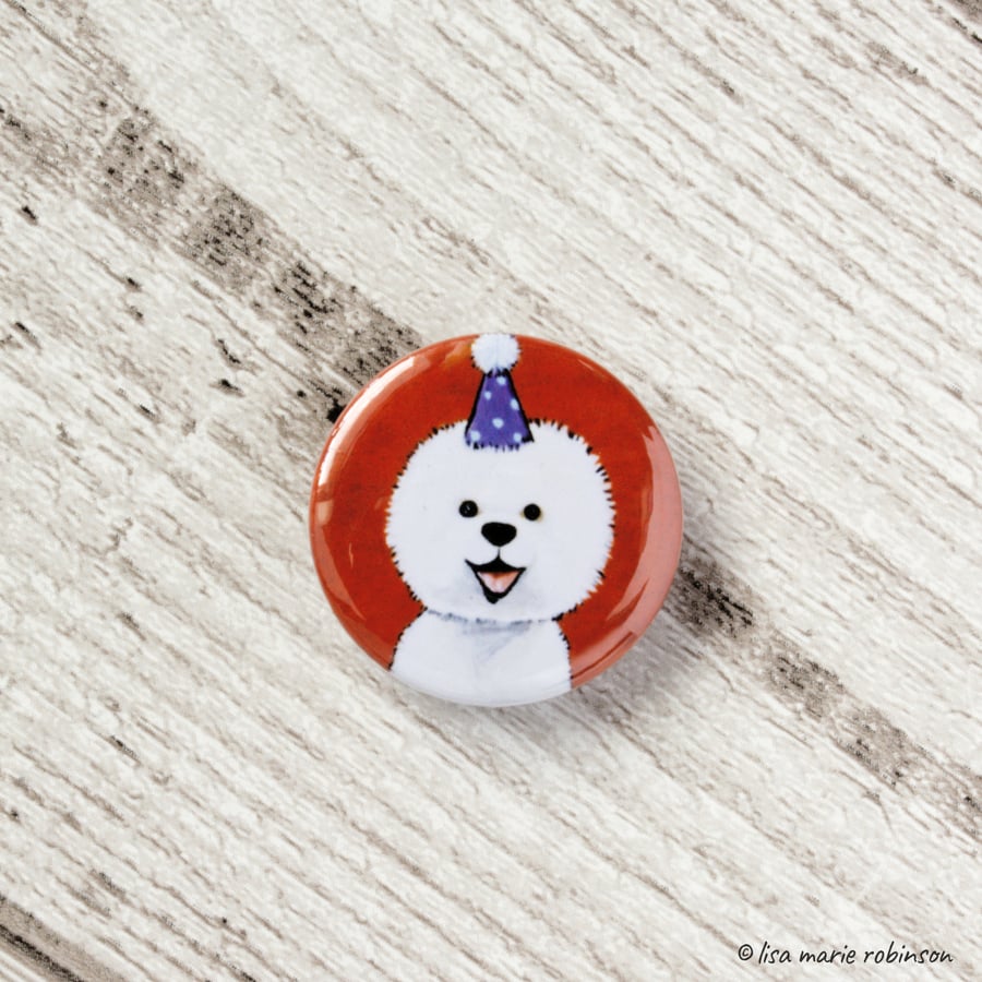 Cute Bichon Frise Party Dog Button Badge - 1 inch