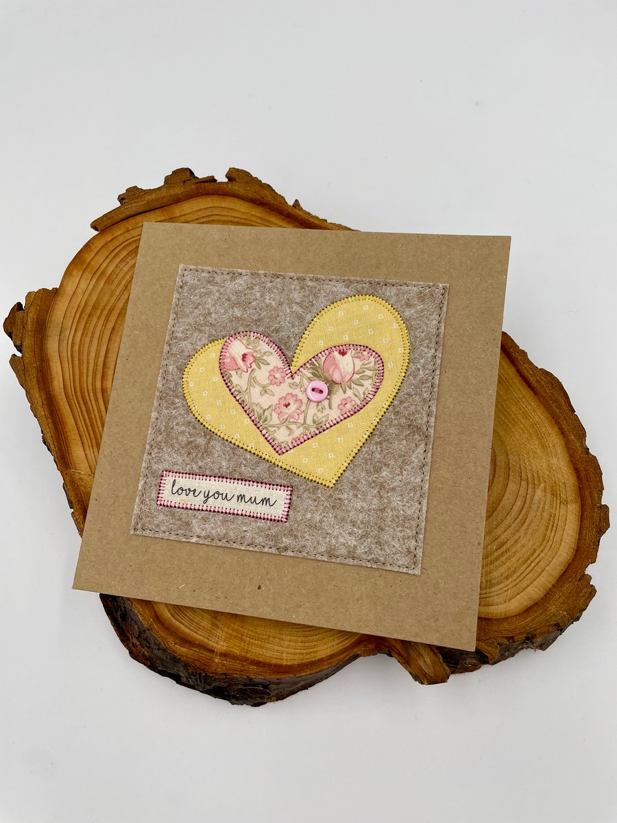 Appliqué card for Mum with two pretty hearts and button detail