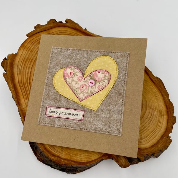 Appliqué card for Mum with two pretty hearts and button detail