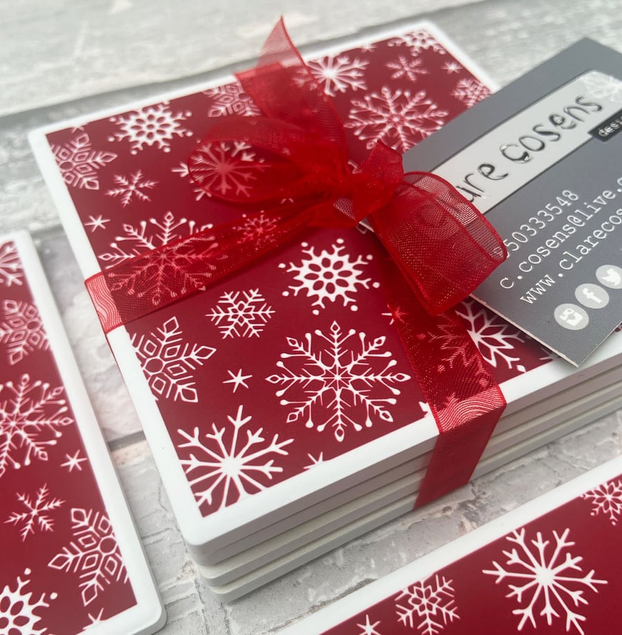 Set of Four Christmas Snowflake Ceramic Coasters in Red