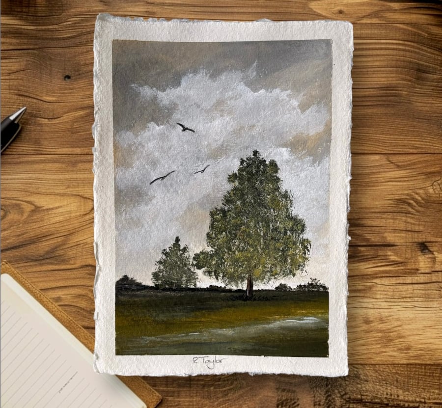 Original acrylic landscape painting on handmade cotton paper 