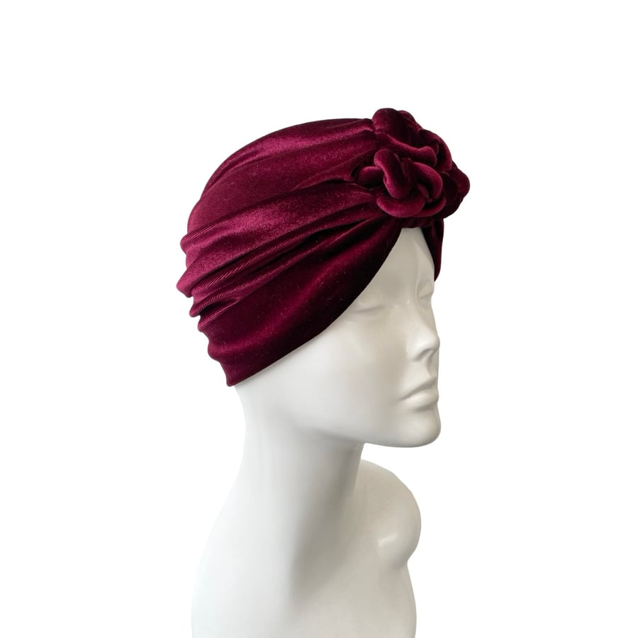 Wine Red Velvet Turban Head Wrap Hat Vintage Retro Style Headwear Chain Knot Hat