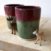 Red and green handmade pottery tumblers - Set of two glazed in golden brown