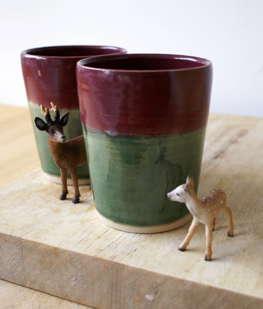Red and green handmade pottery tumblers - Set of two glazed in golden brown