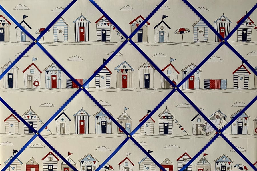 Handmade Bespoke Memo Notice Board With Fryetts Seaside Beach Huts Blue Fabric