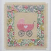 Little pram embroidered card for a new baby, Liberty cotton & vintage mop button