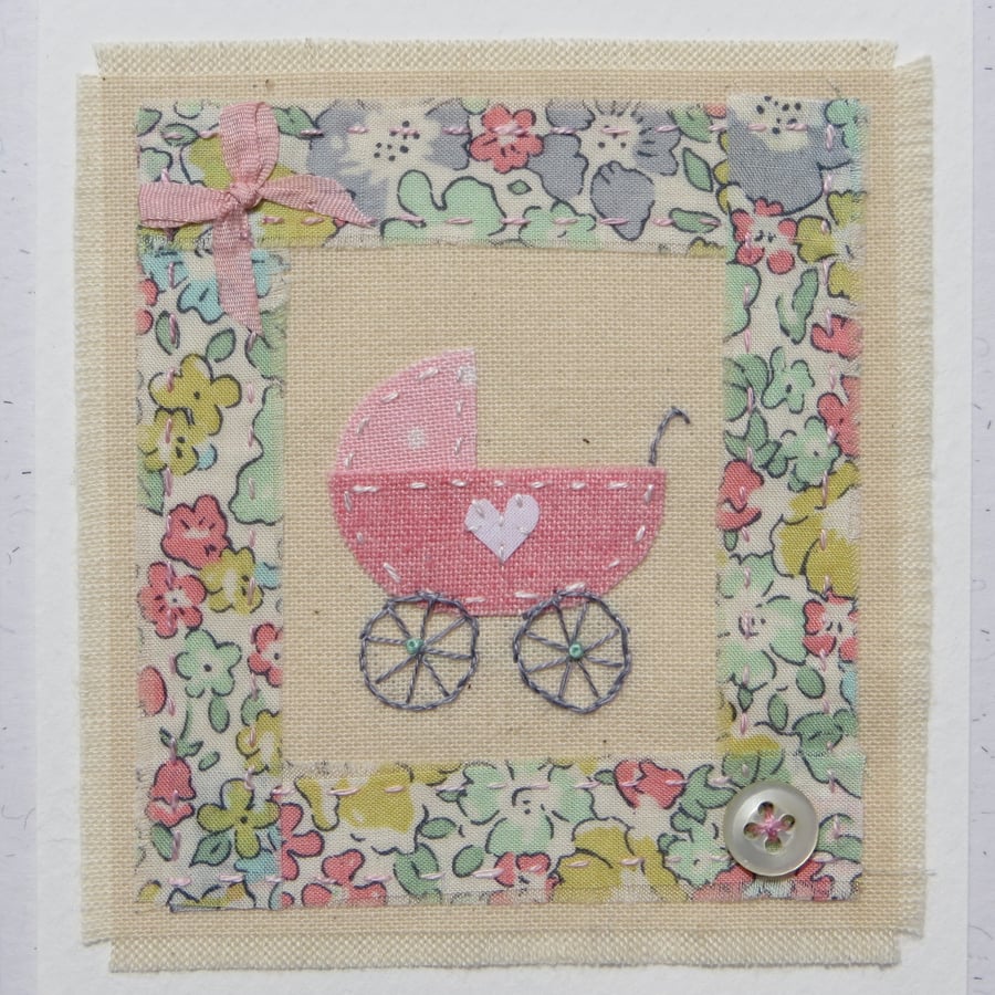 Little pram embroidered card for a new baby, Liberty cotton & vintage mop button