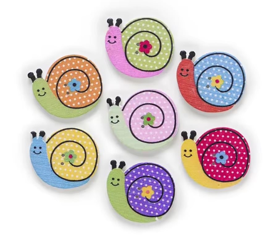 Snail shaped buttons, pretty colourful wooden buttons, Crafts, sewing, x 10