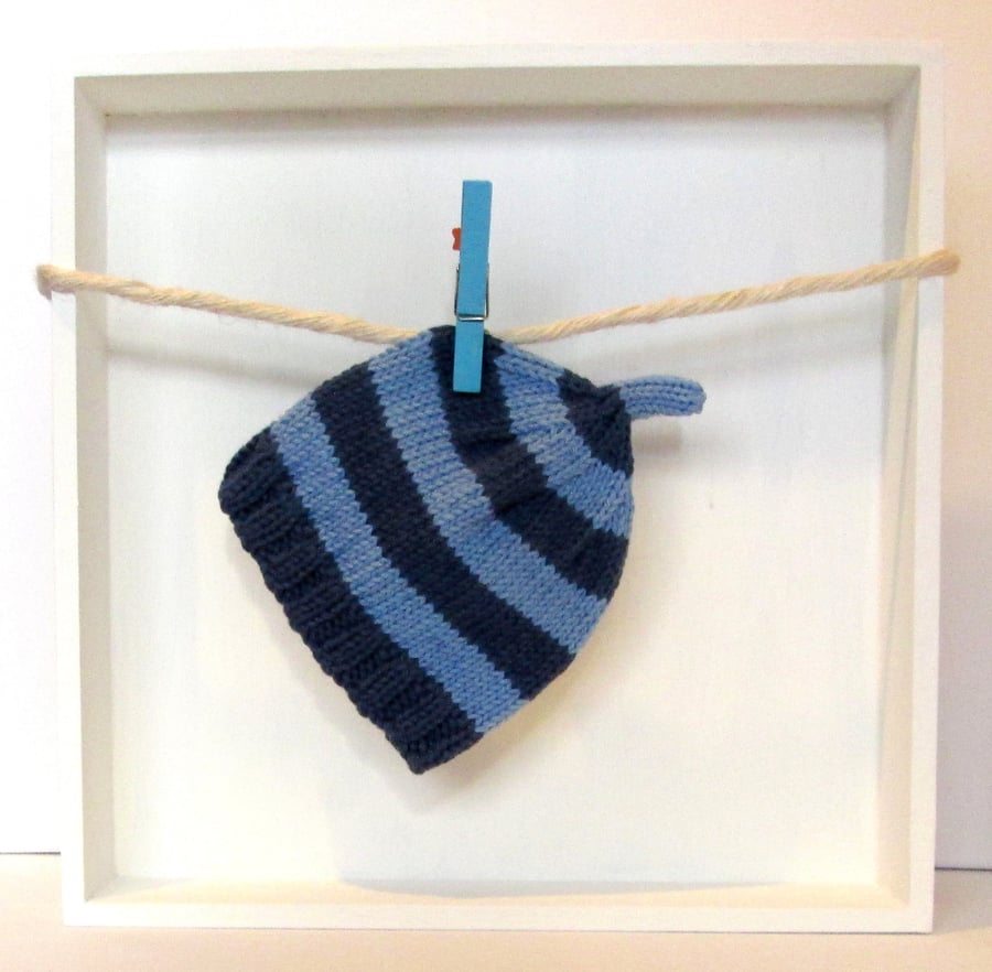 Baby Hat in Navy Blue & Sky Blue Stripes Size 0 - 2 Months 