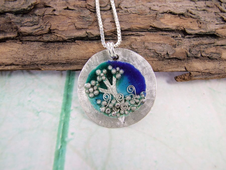 Tree of Life Pendant, Sterling Silver, Enamel & Resin Necklace, Wearable Art
