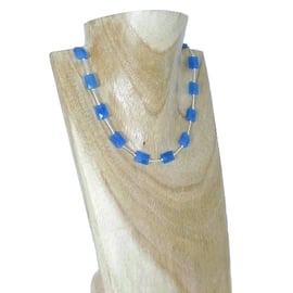 Blue Jade Faceted Oblong Beads & Sterling Silver Tubes Necklace