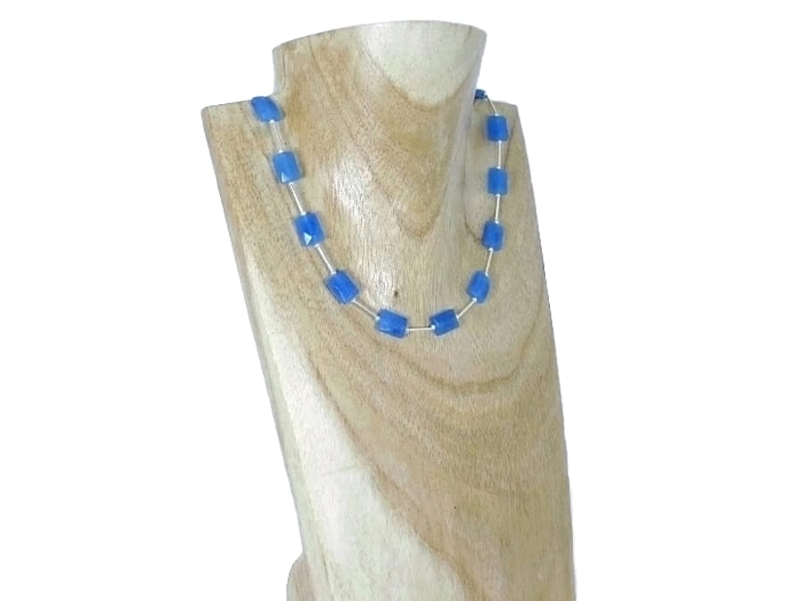Blue Jade Faceted Oblong Beads & Sterling Silver Tubes Necklace