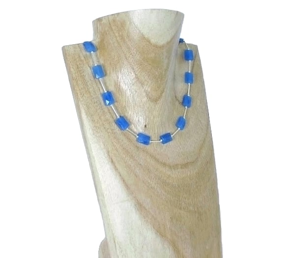 Blue Jade Faceted Oblong Beads & Sterling Silver Tubes Necklace