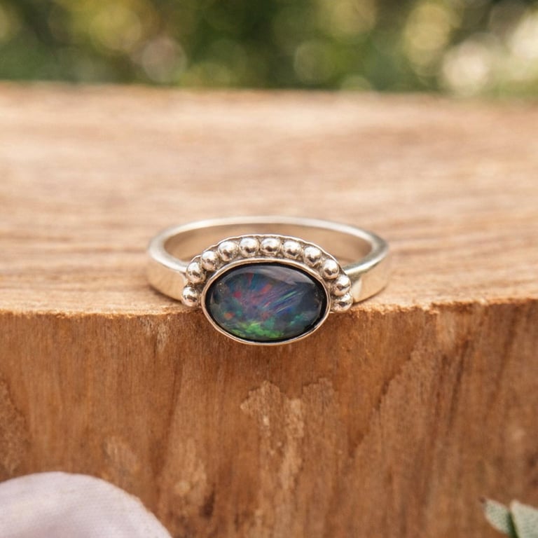 Sterling Silver Opal Ring with Granulation - Size L