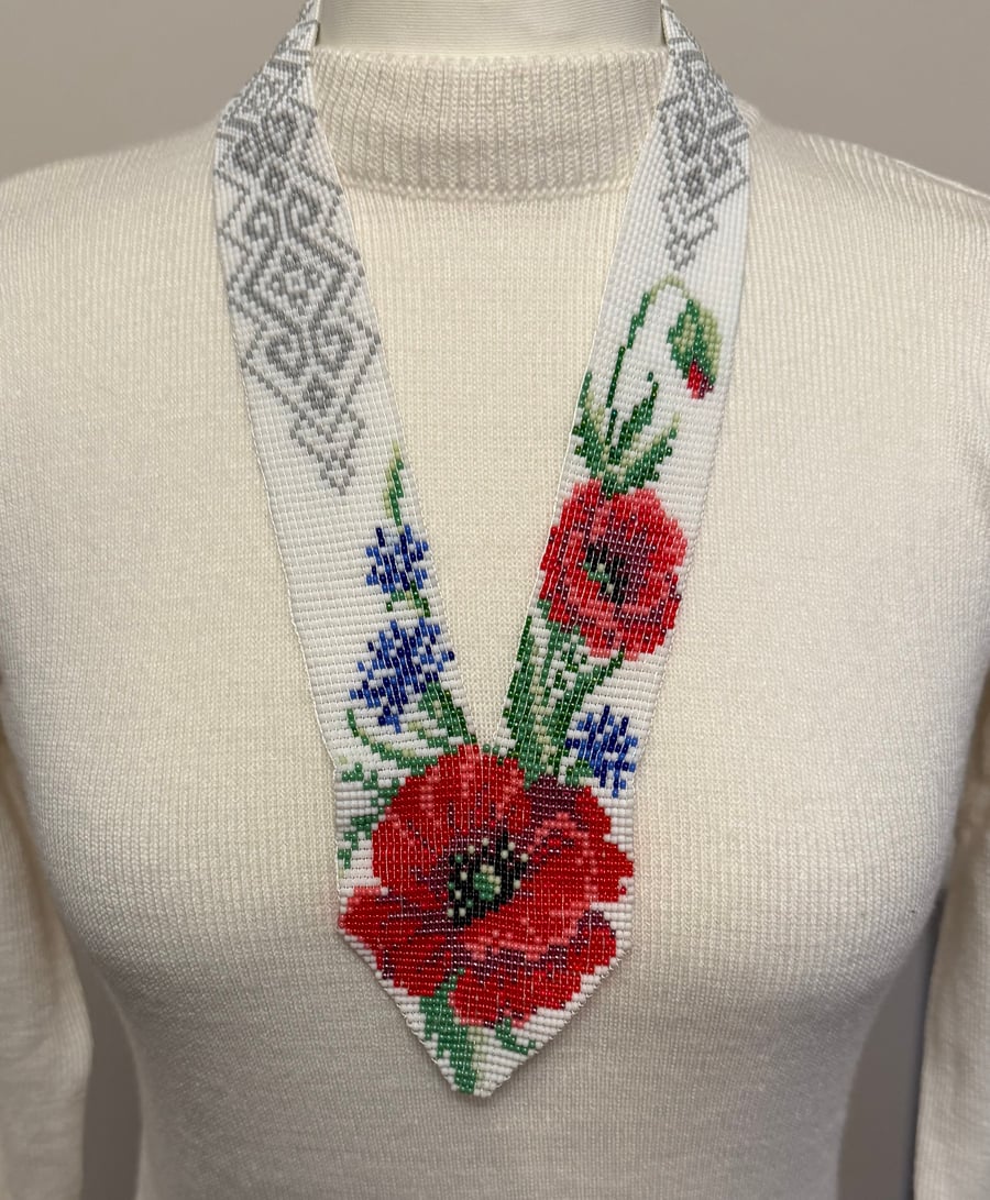 Handmade Beaded Necklace – Ukrainian Gerdan with Red Poppies and Cornflowers
