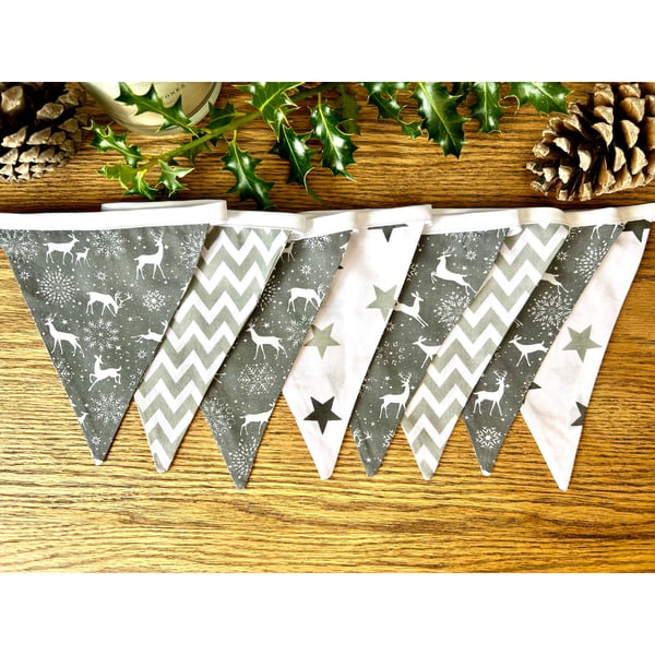 Handmade Grey & White Reindeer Christmas Bunting - Handmade Fabric Garland
