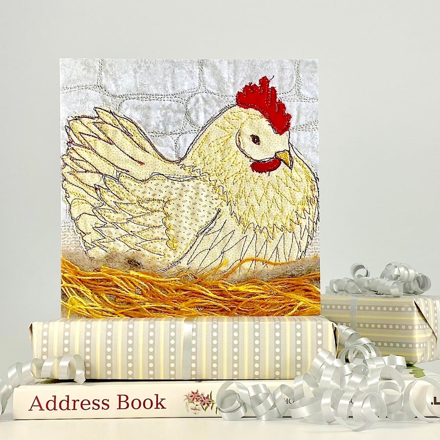 Chicken birthday card - chicken sitting on hay nest