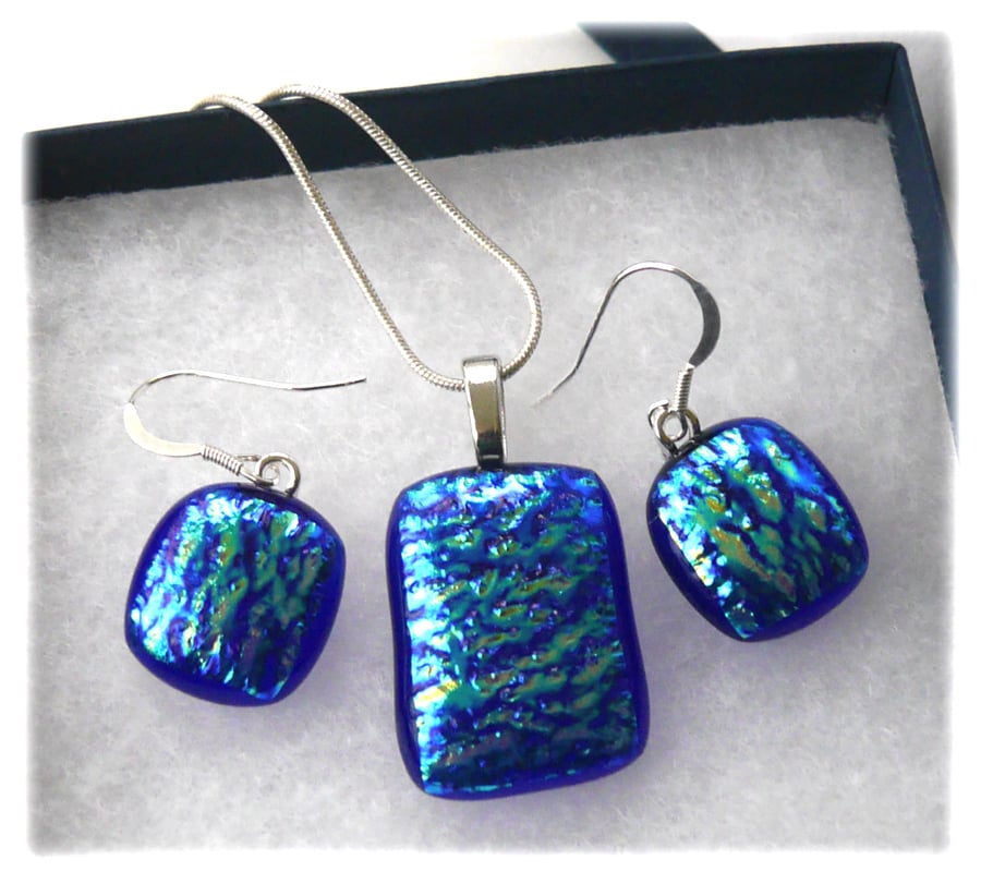 Dichroic Glass Pendant Earring Set 088 Blue Teal with Silver Plated Chain