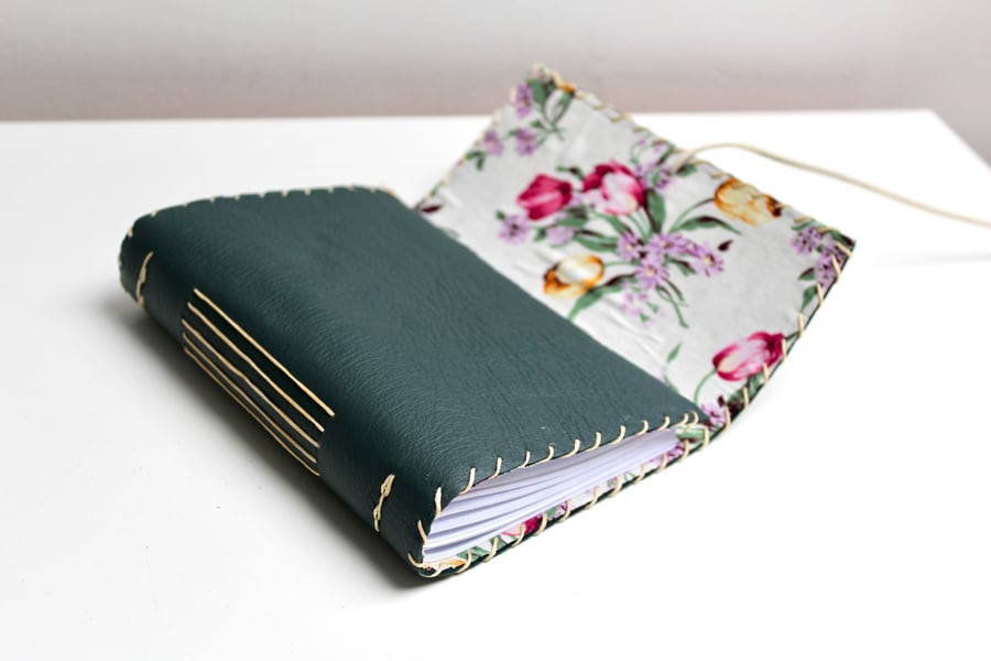 A6 Handmade Green Leather notebook with floral fabric lining 