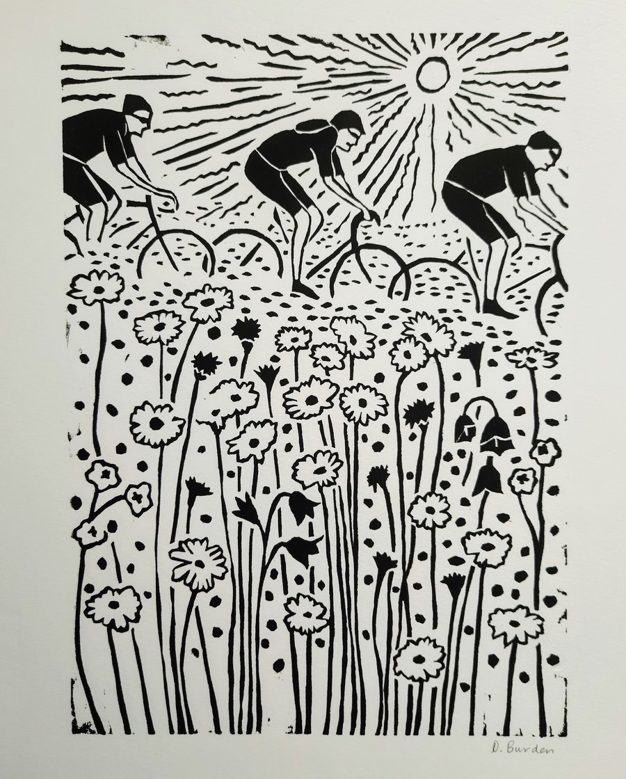Limited edition linocut of cyclists in flower meadows 