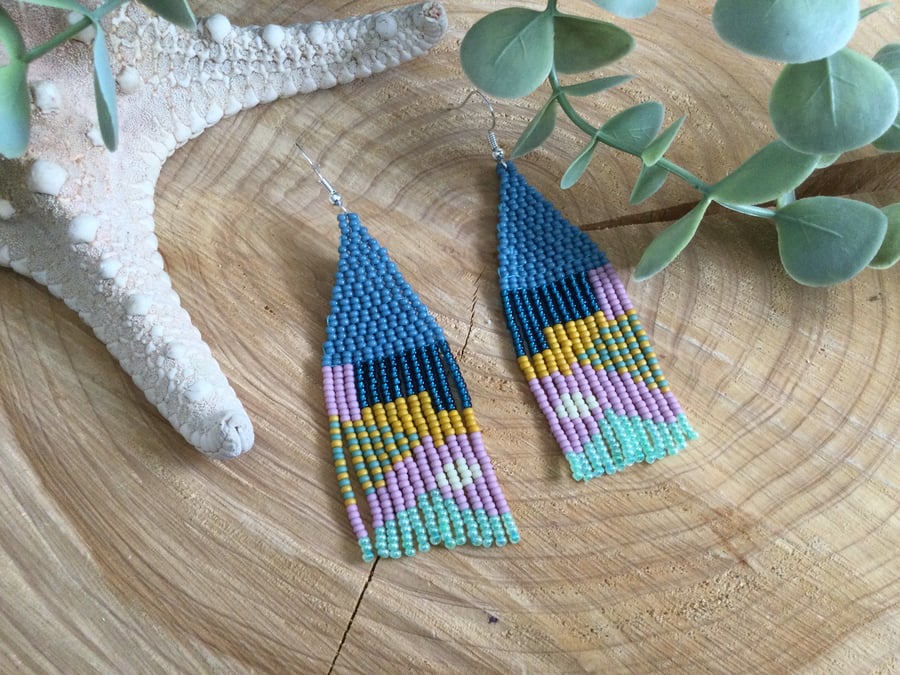 Beaded abstract design colourful fringe dangle earrings, boho vibe, gift, yoga 