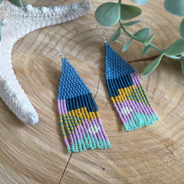 Beaded abstract design colourful fringe dangle earrings, boho vibe, gift, yoga 