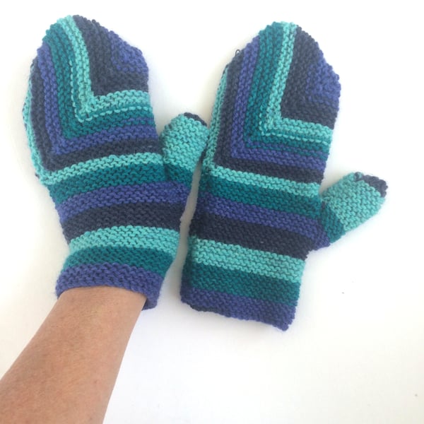Wool striped mittens - black and blue