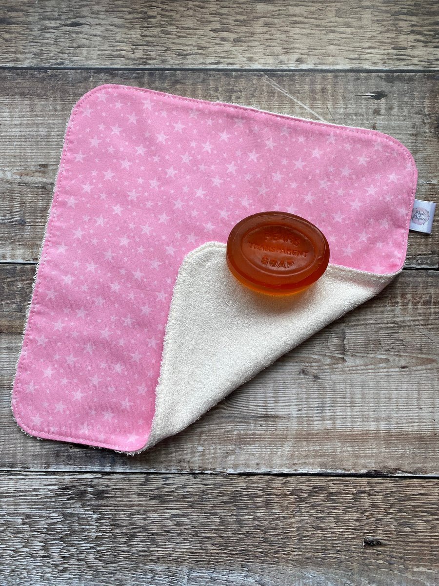 Organic Bamboo Cotton Wash Face Wipe Cloth Flannel Pink with Pale Pink Stars