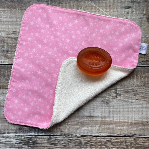 Organic Bamboo Cotton Wash Face Wipe Cloth Flannel Pink with Pale Pink Stars