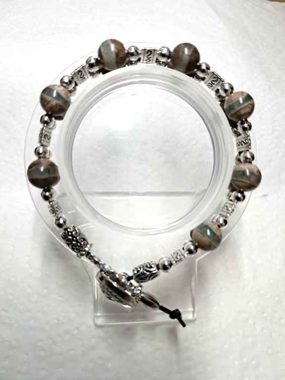 Handmade Natural Grey Agate Beaded Leather Bracelet 