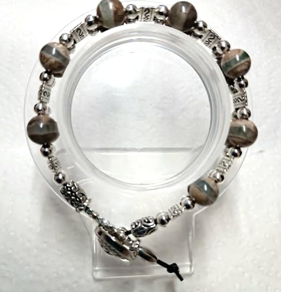 Handmade Natural Grey Agate Beaded Leather Bracelet 