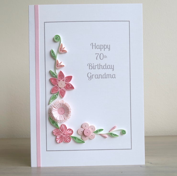 Handmade 70th birthday card with pink quilled f... - Folksy