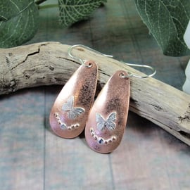 Earrings, Sterling Silver and Copper Butterfly Dropper Earrings