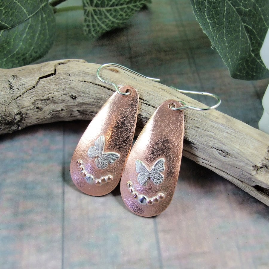 Earrings, Sterling Silver and Copper Butterfly Dropper Earrings