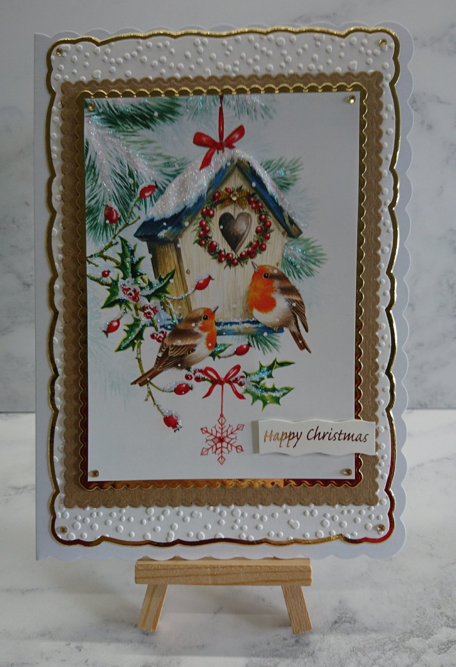 Handmade Christmas Card Happy Christmas Robins Bird House Tree Garden