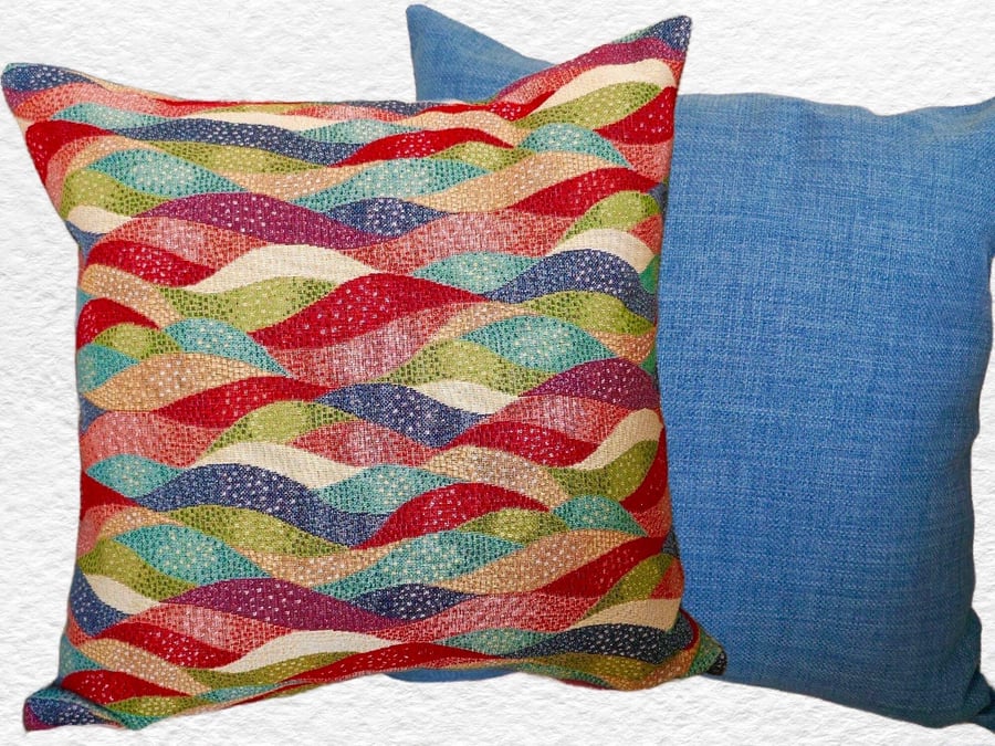 Cushion Cover: Tapestry Waves design Denim Blue reverse 17” (43cm)
