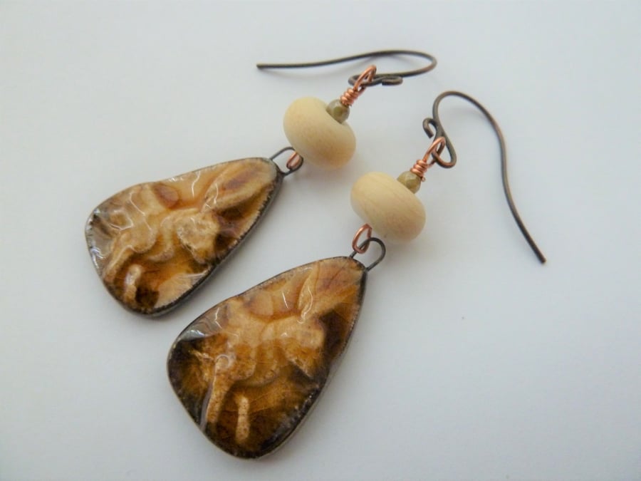 ceramic hare, lampwork and copper earrings