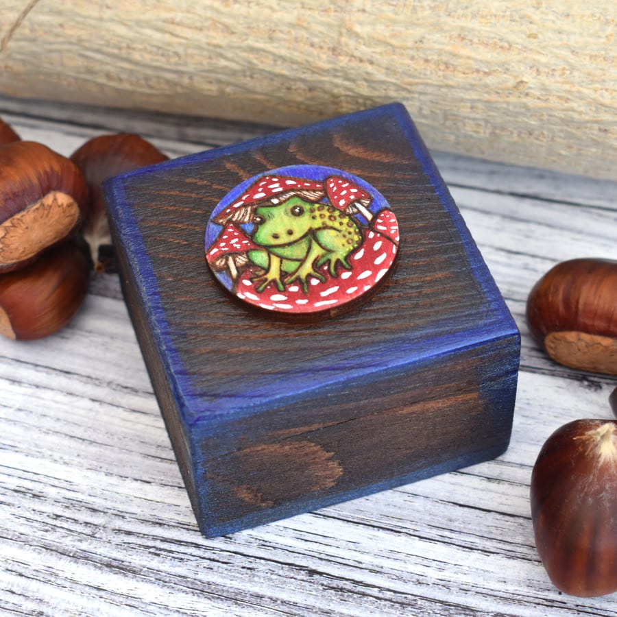 The toadstool toad. Tiny pyrography box. Original art.