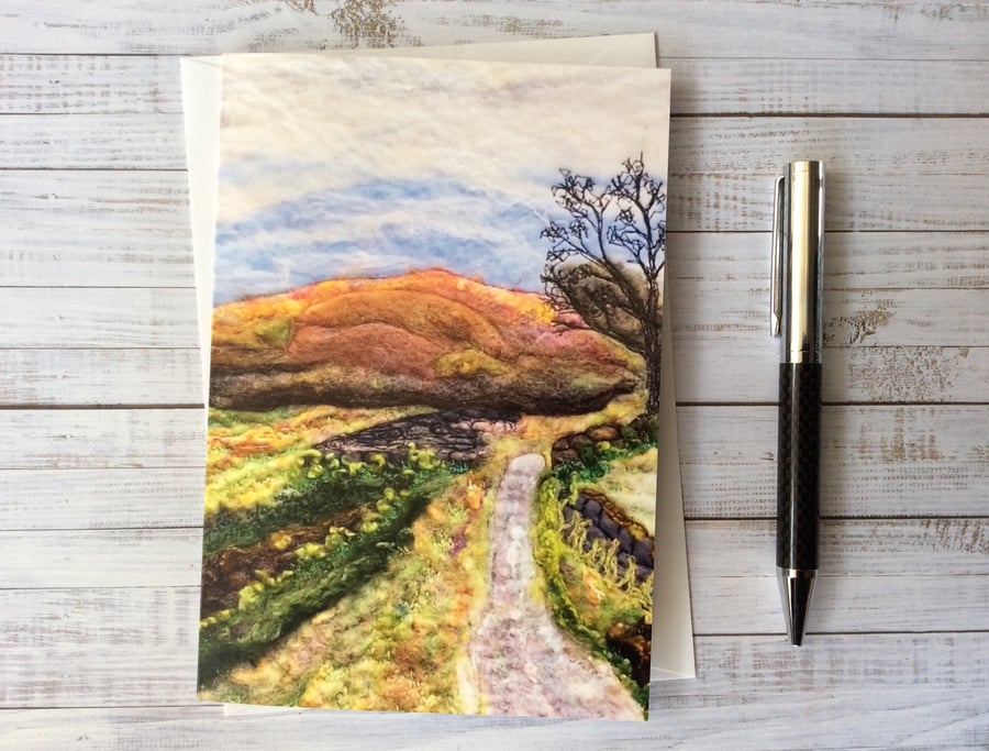 Country lane with moorland printed greetings card.  