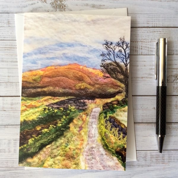 Country lane with moorland printed greetings card.  