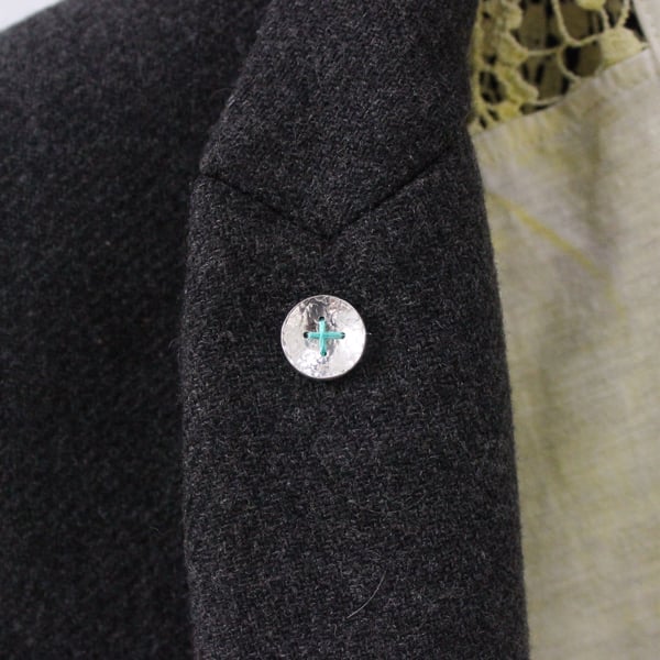 Silver button brooch, stitched button, pin brooch